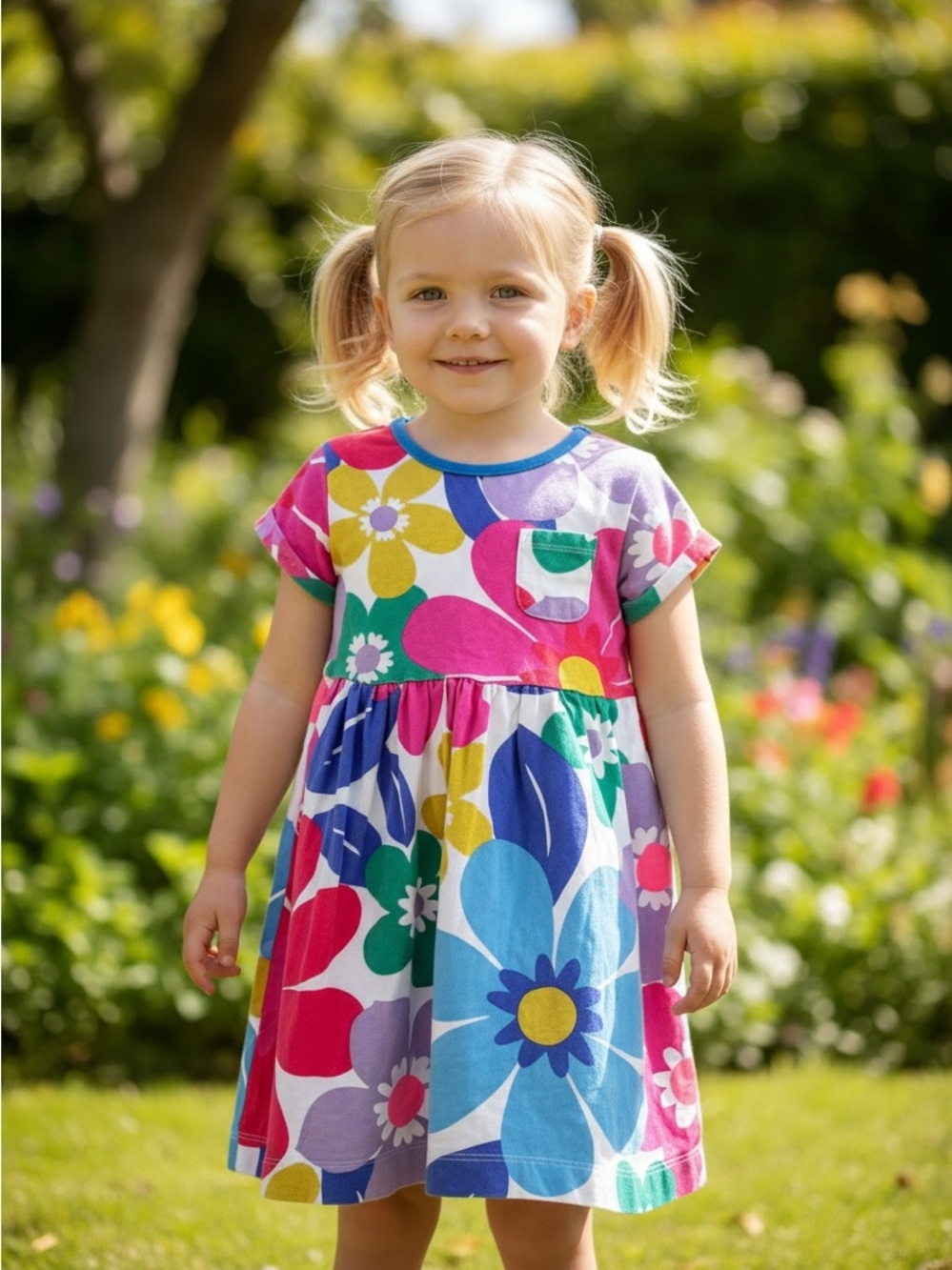 Mini Boden Bright Floral Cotton Dress in Pink, Blue, Green, Yellow, Purple
